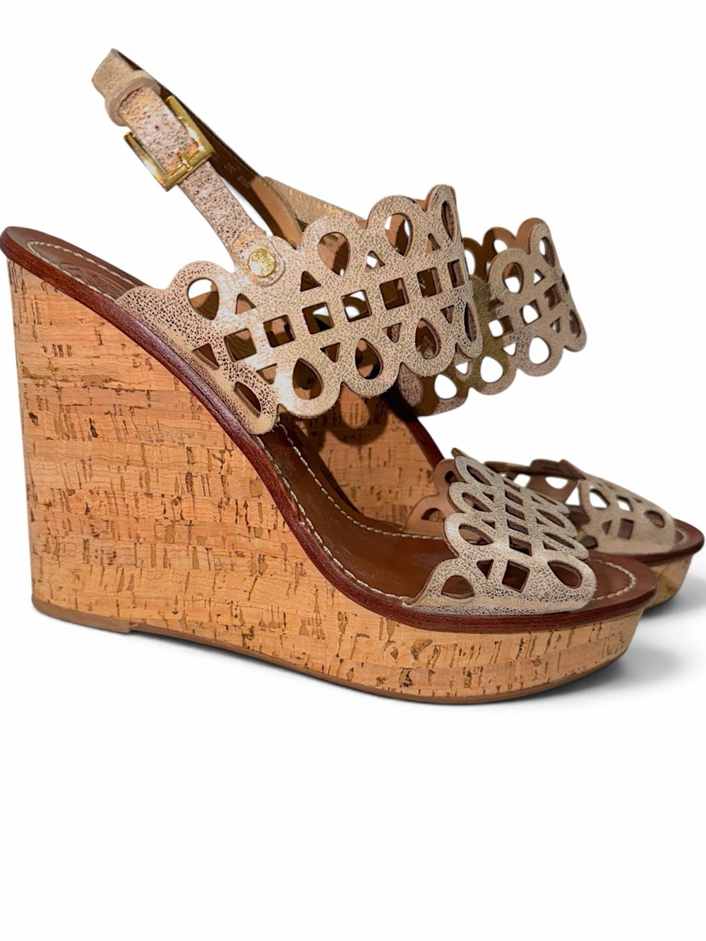 Tory Burch Nori Scalloped Cutout Gold Metallic Platform Wedge Slingback Heels
